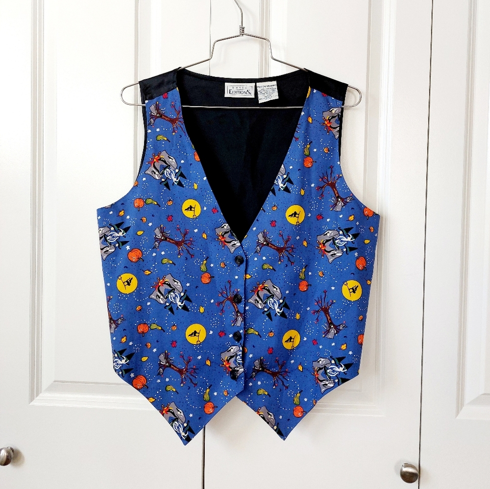 90s Halloween Witches Cauldrun Black Cat Full Moon Pumpkins Vest Medium Basic Ed